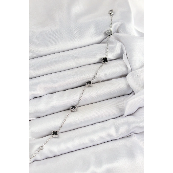 316L Çelik Siyah Sedef Yonca Model Gümüş Renk Kadın Bileklik