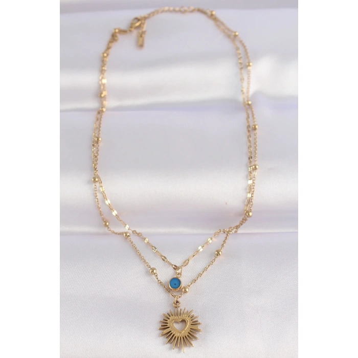 316L Çelik Zincir Altın Renk Nazar Boncuk Detay Kalp Güneşi Kolye