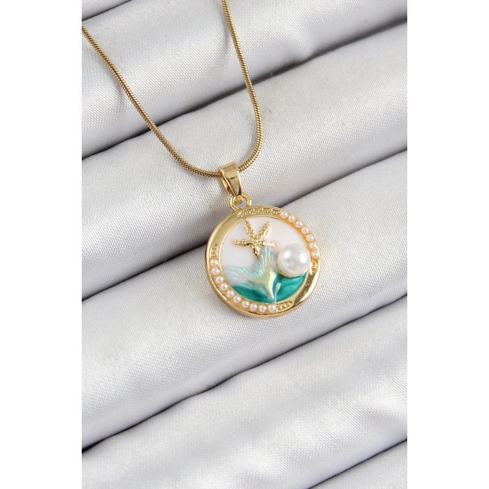 316L Çelik Zincir Beyaz Mineli Sanatsal Portre İnci Detaylı Deniz Yılıdızı Model Gold Renk Kadın Kolye