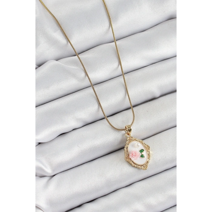 316L Çelik Zincir Beyaz Sanatsal Portre İnci Detaylı Gül Figürlü Model Gold Renk Kadın Kolye