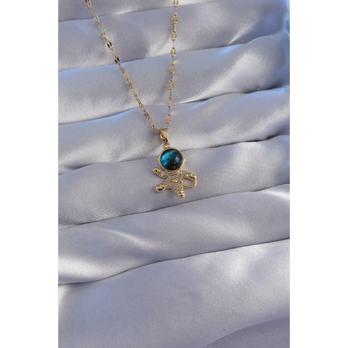 316L Çelik Zincir Gold Renk Zirkon Taşlı Astronot Figürlü Gezegen Kolye