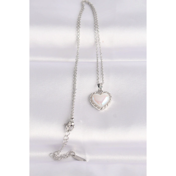 316L Çelik Zincir Gümüş Renk Beyaz Taşlı Bombeli Kalp Kolye