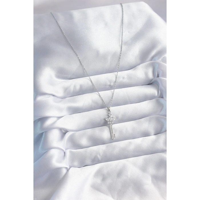 316L Çelik Zincir Gümüş Renk Zirkon Taşlı Anahtar Model Kadın Kolye