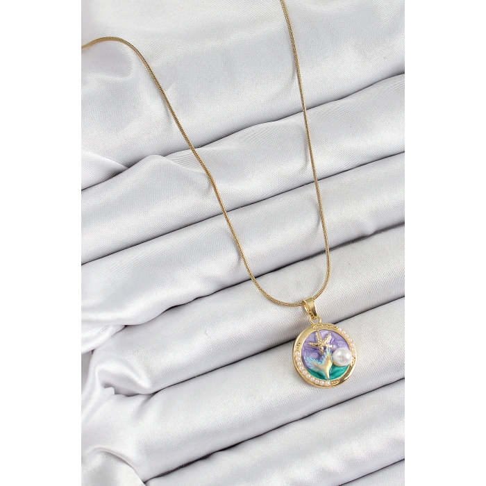 316L Çelik Zincir Mor Mineli Sanatsal Portre İnci Detaylı Deniz Yılıdızı Model Gold Renk Kadın Kolye