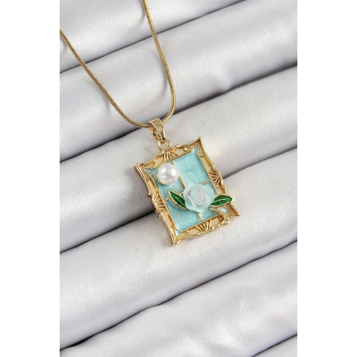 316L Çelik Zincir Turkuaz Sanatsal Portre İnci Detaylı Gül Figürlü Model Gold Renk Kadın Kolye