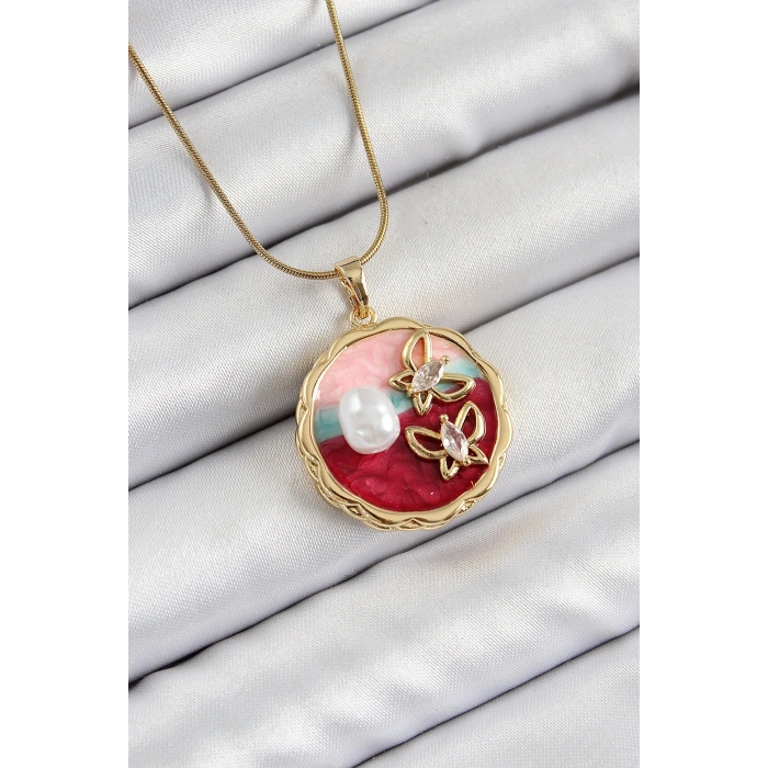 316L Çelik Zincir Zirkon Taşlı Asorti Sanatsal Portre İnci Detaylı Kelebek Figürlü Model Gold Renk Kadın Kolye