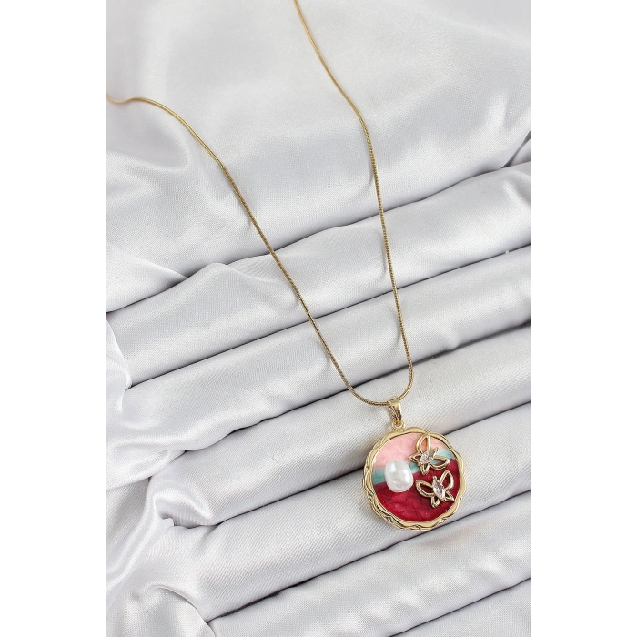 316L Çelik Zincir Zirkon Taşlı Asorti Sanatsal Portre İnci Detaylı Kelebek Figürlü Model Gold Renk Kadın Kolye