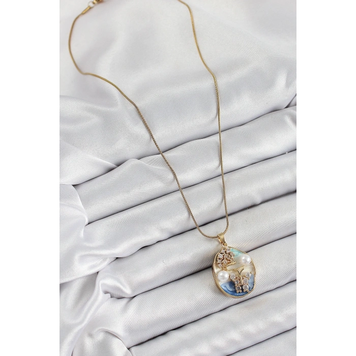 316L Çelik Zincir Zirkon Taşlı Mavi Beyaz Sanatsal Portre İnci Detaylı Ağaç Ve Kelebek Figürlü Model Gold Renk Kadın Kolye