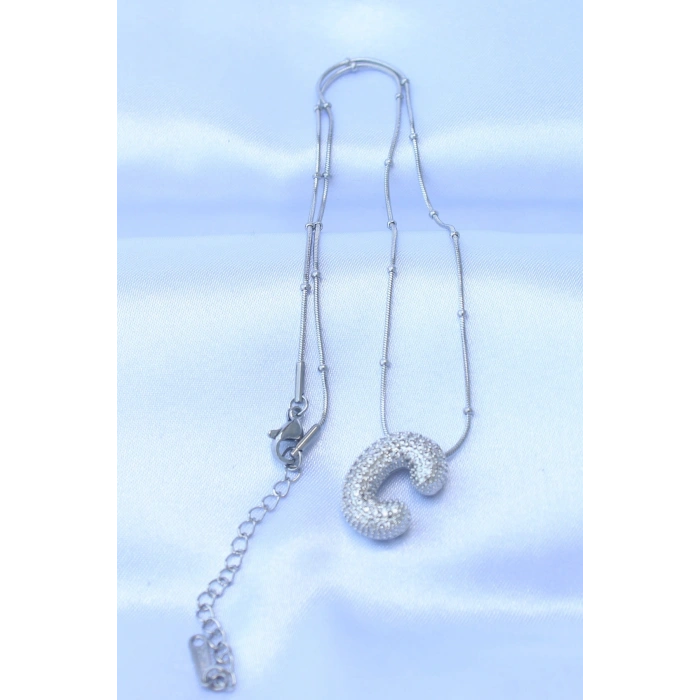 316L Çelik Zincirli Zirkon Taşlı C Harfli Gümüş Renk Bubble Kolye