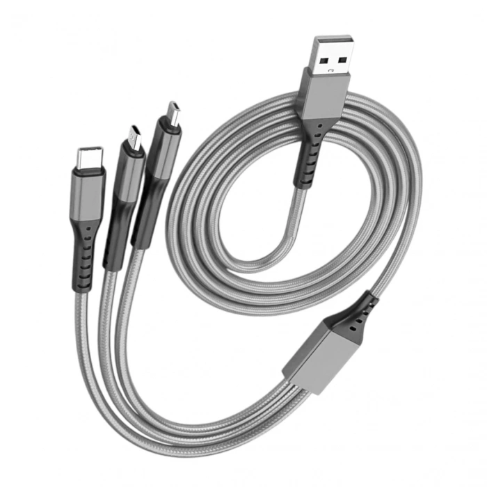 3IN1 GÜMÜŞ 1.2 METRE (MICRO USB - LIGHTNING - TYPE C) TELEFON ŞARJ KABLOSU (5047)