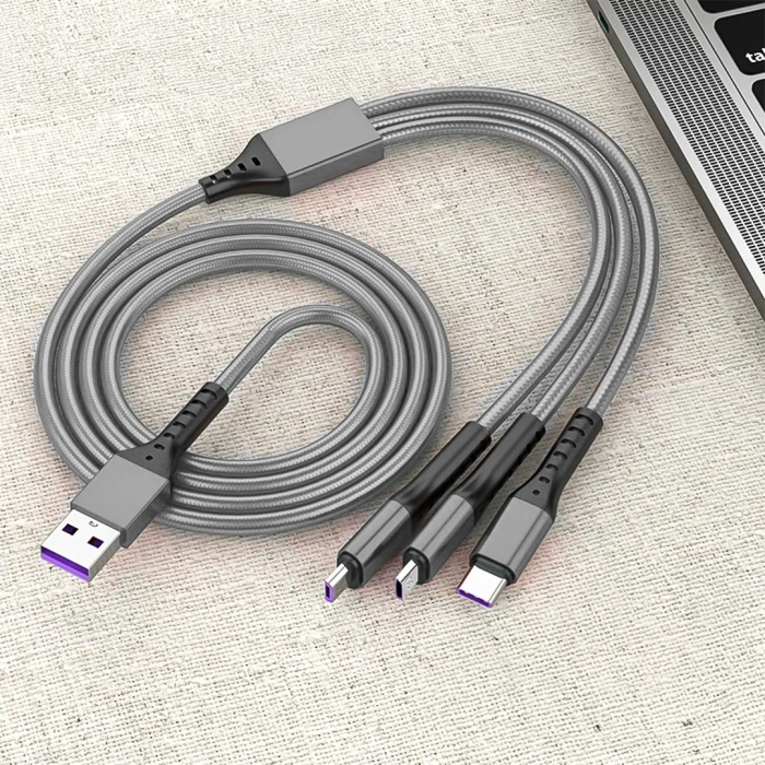 3IN1 GÜMÜŞ 1.2 METRE (MICRO USB - LIGHTNING - TYPE C) TELEFON ŞARJ KABLOSU (5047)