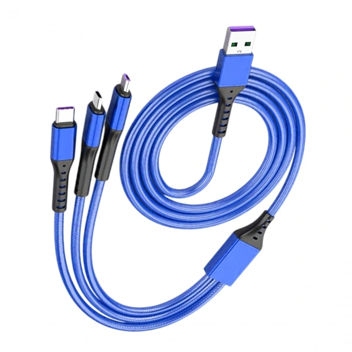 3IN1 MAVİ 1.2 METRE (MICRO USB - LIGHTNING - TYPE C) TELEFON ŞARJ KABLOSU (5047)