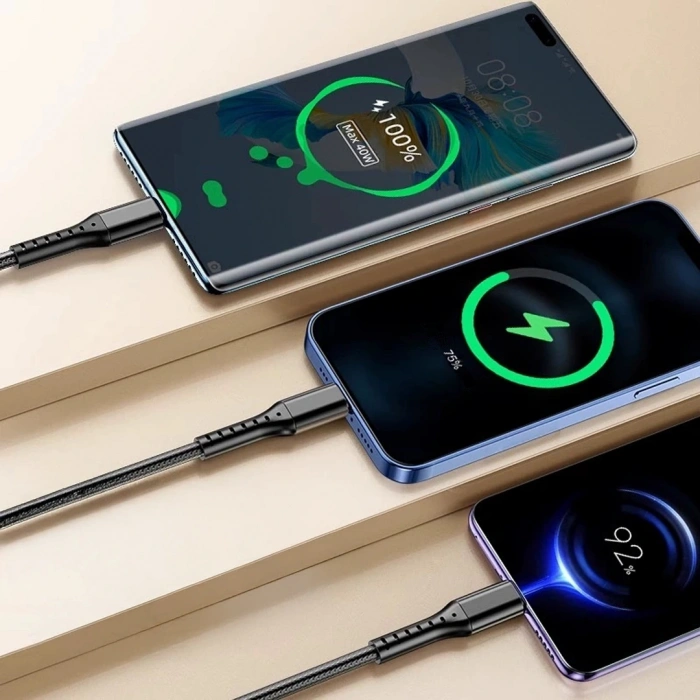 3IN1 SİYAH 1.2 METRE (MICRO USB - LIGHTNING - TYPE C) TELEFON ŞARJ KABLOSU (5047)