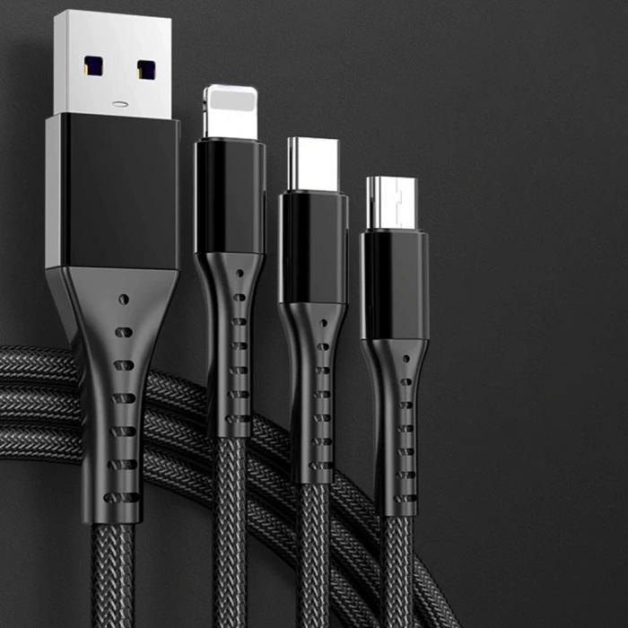 3IN1 SİYAH 1.2 METRE (MICRO USB - LIGHTNING - TYPE C) TELEFON ŞARJ KABLOSU (5047)