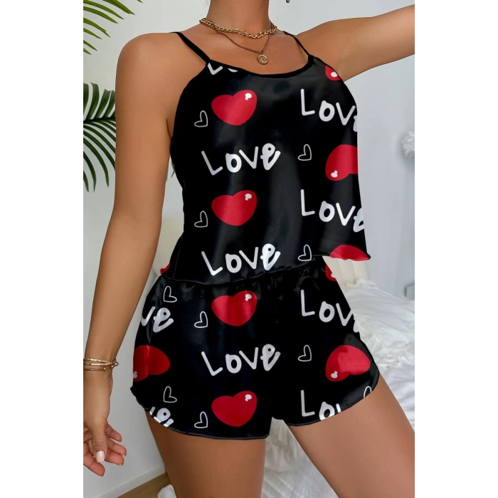 Aşk Temalı Kalp Desenli Siyah Saten Şortlu Gecelik Takım