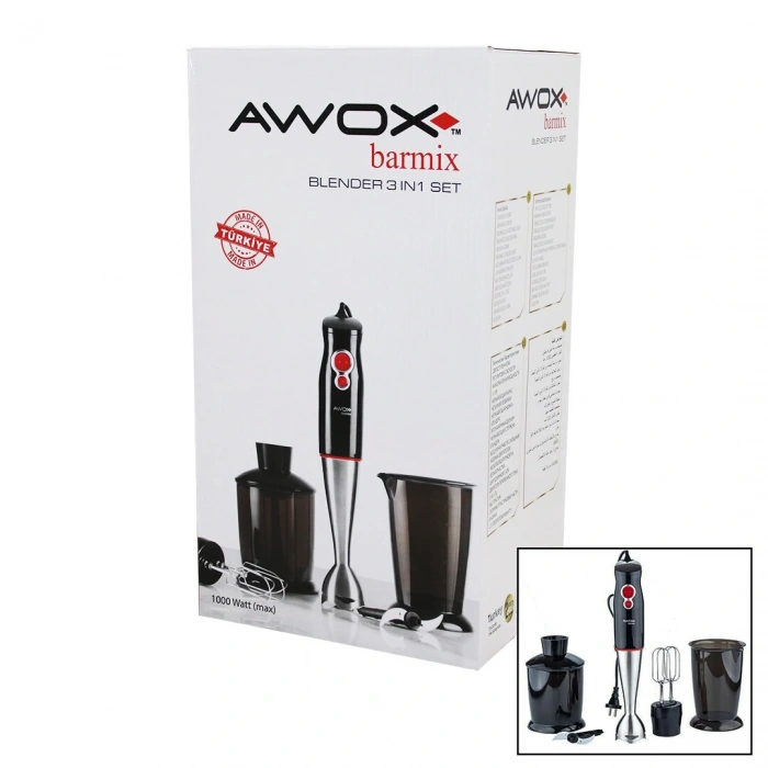 AWOX BARMİX  3İN1  BLENDER SETİ  ÇELİK 2Lİ MİKSER   ÇELİK RONDO BIÇAK   ÇELİK 4 KANATLI BIÇAK   1000W (5047)