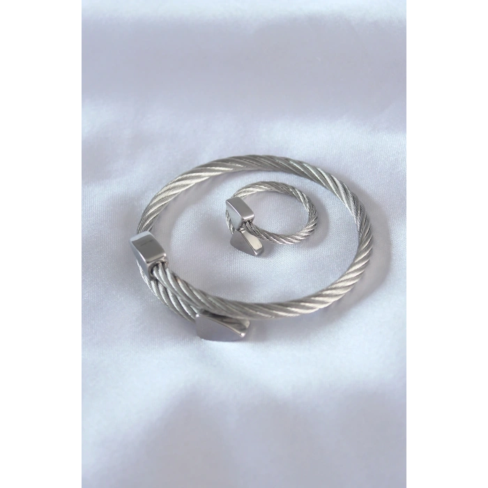 Çelik Gümüş Renk Burgu Model Erkek Bileklik Yüzük Seti