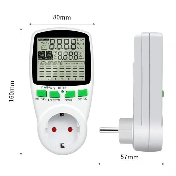 DİJİTAL WATTMETRE ENERJİ SARFİYAT ÖLÇER TÜKETİM ÖLÇER 220 VOLT 16 AMPER 3680 WATT PRİZ (5047)
