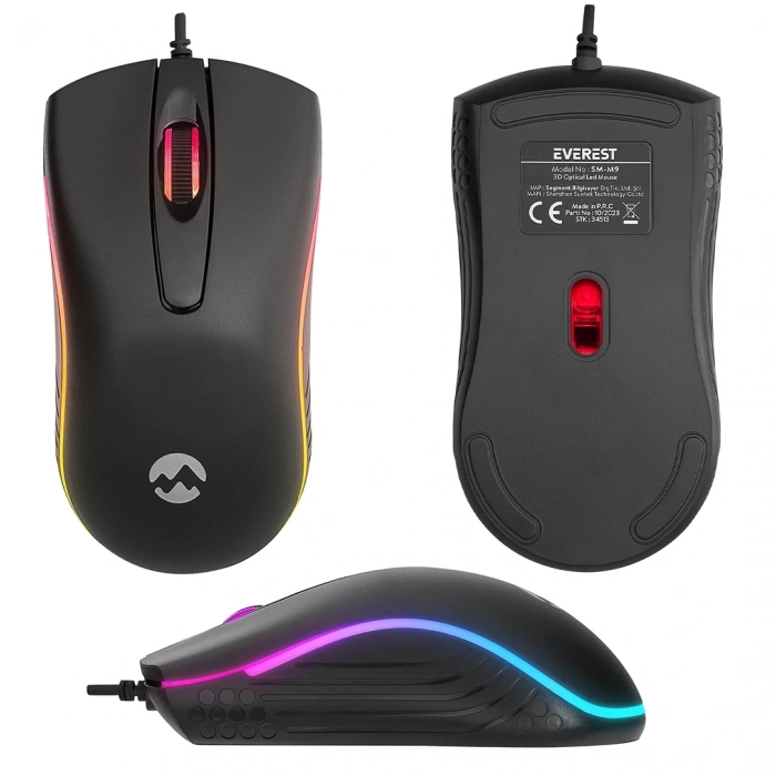 EVEREST SM-M9 1000 DPI USB RGB RAİNBOW LEDLİ SİYAH 3D OPTİK LED MOUSE (5047)
