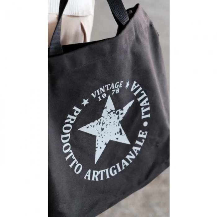 Kanvas Çapraz Askılı Tote Çanta Siyah Yıldız Desen