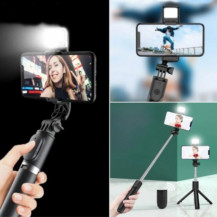 Kendiliğinden Işıklı Masaüstü Tripod Olabilen Telefon Tutuculu Kablosuz Kumandalı Selfie Çubuğu (5047)