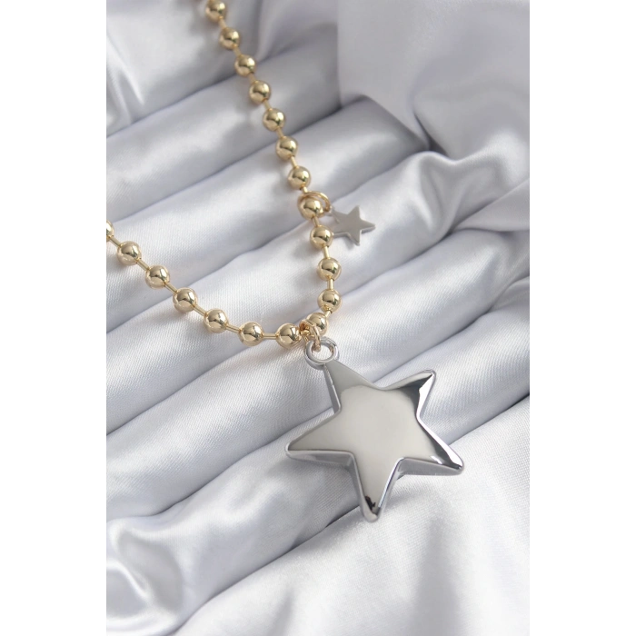 Pirinç Gold Renk Topçuk Zincir Gümüş 3D Yıldız Model Yıldız Detay VİP Kadın Kolye