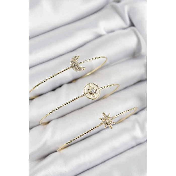 Pirinç Zirkon Taşlı Ay Ve Kutup Yıldızı Model Gold Renk Vip 3lü Kadın Bileklik