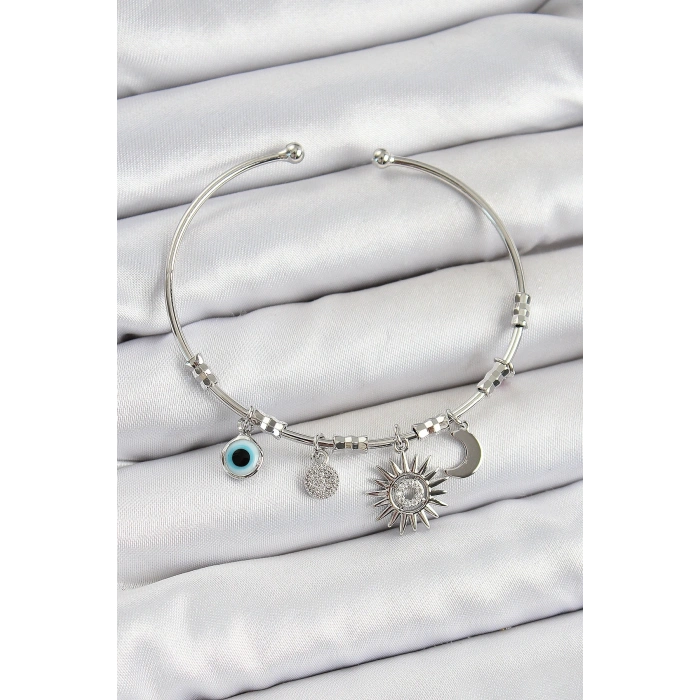 Pirinç Zirkon Taşlı Güneş Ay Ve Nazar Model Gümüş Renk Charm Bileklik