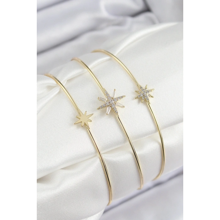 Pirinç Zirkon Taşlı Kutup Yıldızı Model Gold Renk Vip 3lü Kadın Bileklik