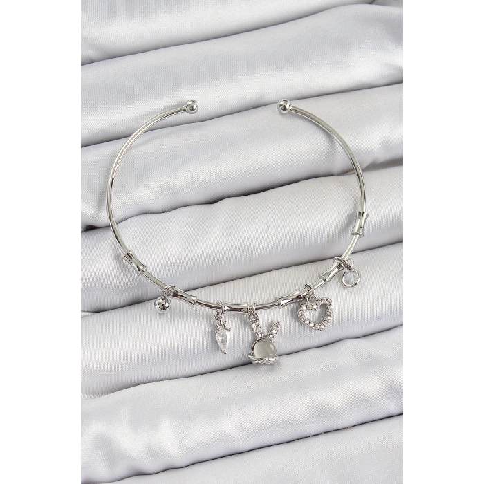 Pirinç Zirkon Taşlı Tavşan Ve Kalp Model Gümüş Renk Charm Bileklik