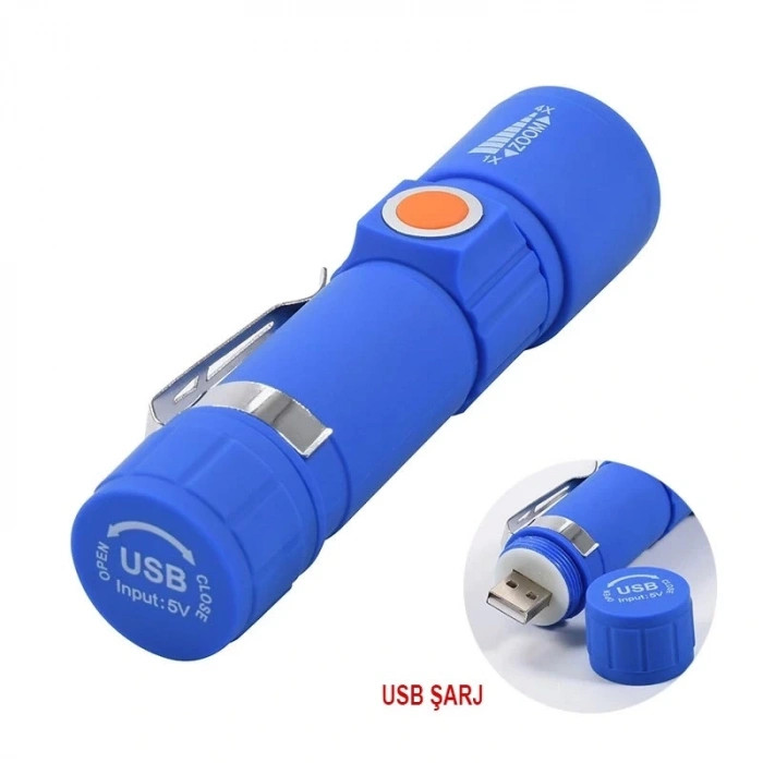 USB ŞARJLI 3 MODLU PLASTİK KASA MİNİ EL FENERİ (5047)
