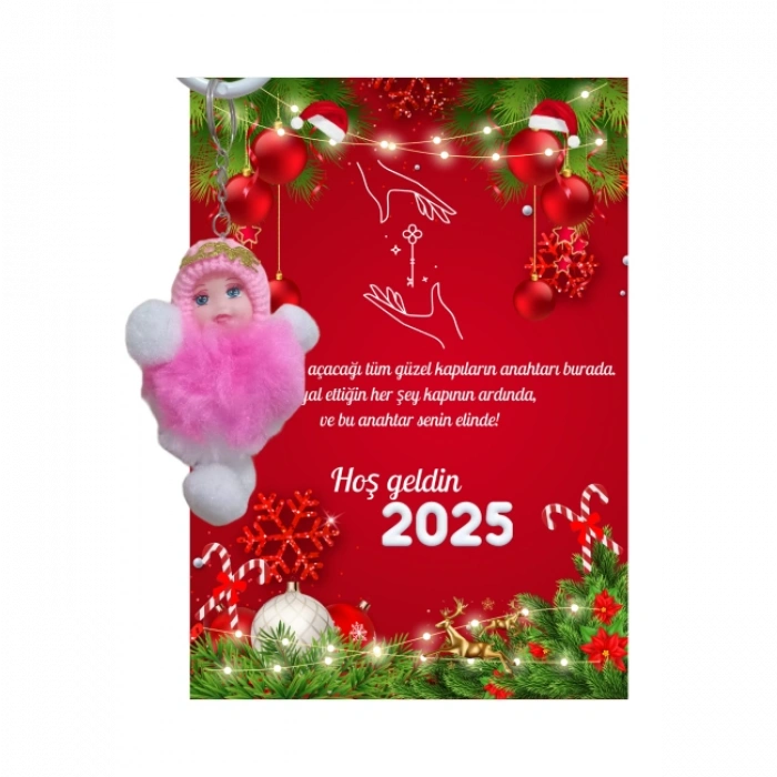 Yeni Yıl Geyik Kart Üzerinde Anahtarlık (Kişiye Özel Yazı Yazdırılabilir) Peluş Bebek 5 adet