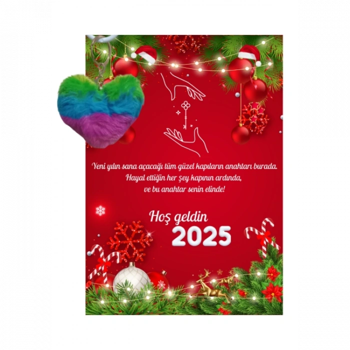 Yeni Yıl Geyik Kart Üzerinde Anahtarlık (Kişiye Özel Yazı Yazdırılabilir) Renkli Kalp 5 Adet