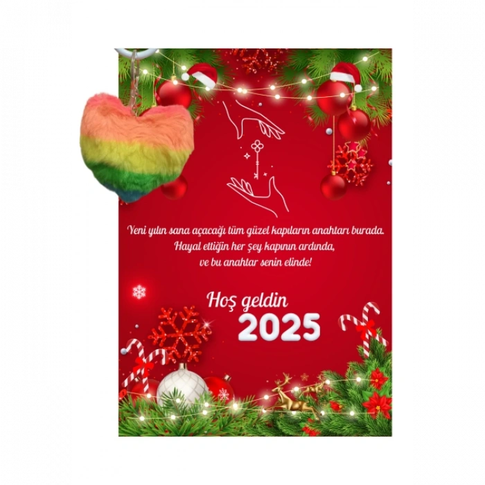 Yeni Yıl Geyik Kart Üzerinde Anahtarlık (Kişiye Özel Yazı Yazdırılabilir) Renkli Kalp 5 Adet