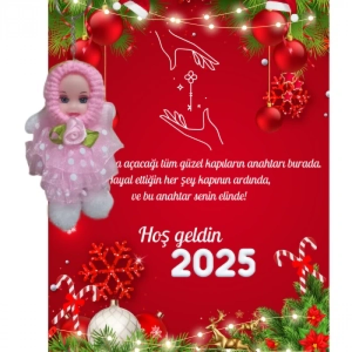 Yeni Yıl Geyik Kart Üzerinde Anahtarlık (Kişiye Özel Yazı Yazdırılabilir) Tütü Bebek  5 Adet
