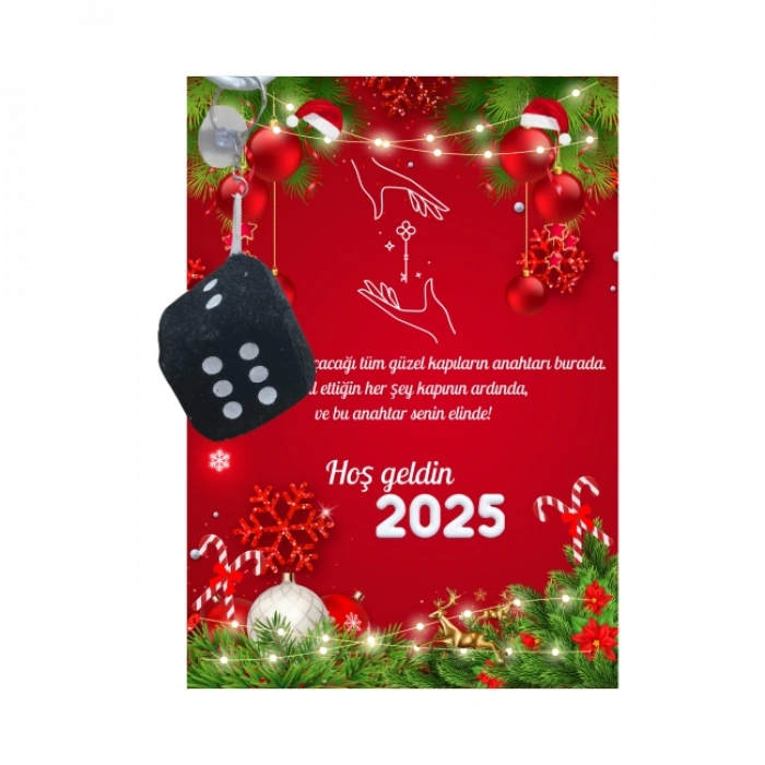 Yeni Yıl Geyik Kart Üzerinde Anahtarlık (Kişiye Özel Yazı Yazdırılabilir) Zar Model 5 Adet