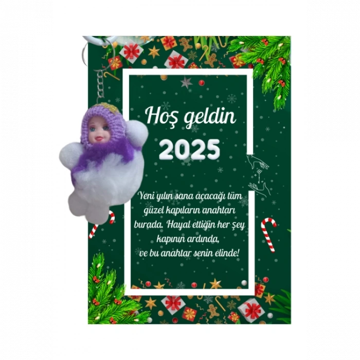 Yeni Yıl Kart Üzerinde Anahtarlık (Kişiye Özel Yazı Yazdırılabilir) Peluş Bebek 5 adet
