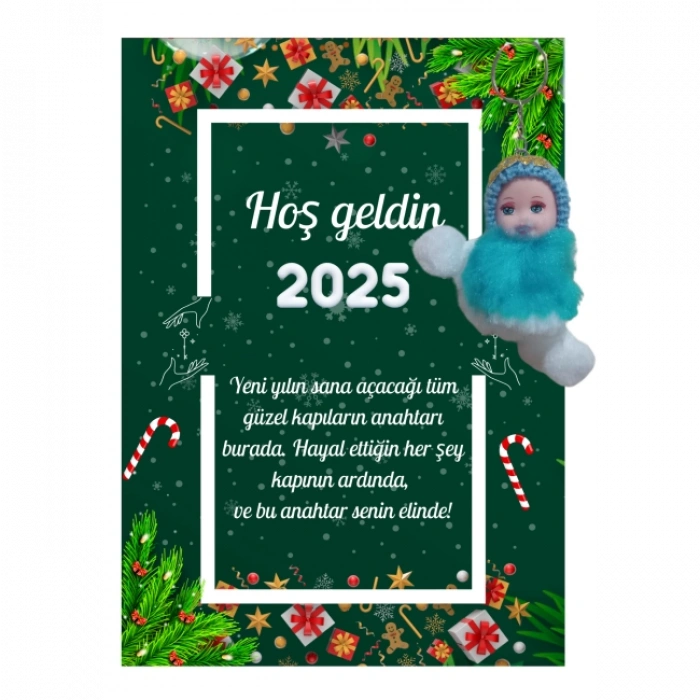 Yeni Yıl Kart Üzerinde Anahtarlık (Kişiye Özel Yazı Yazdırılabilir) Peluş Bebek