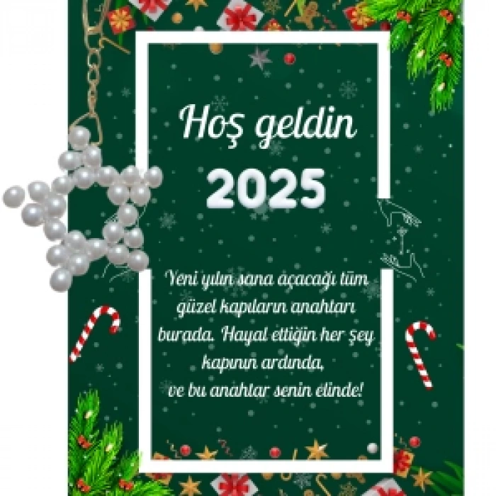 Yeni Yıl Kart Üzerinde Anahtarlık (Kişiye Özel Yazı Yazdırılabilir) Yıldız Model 5 Adet