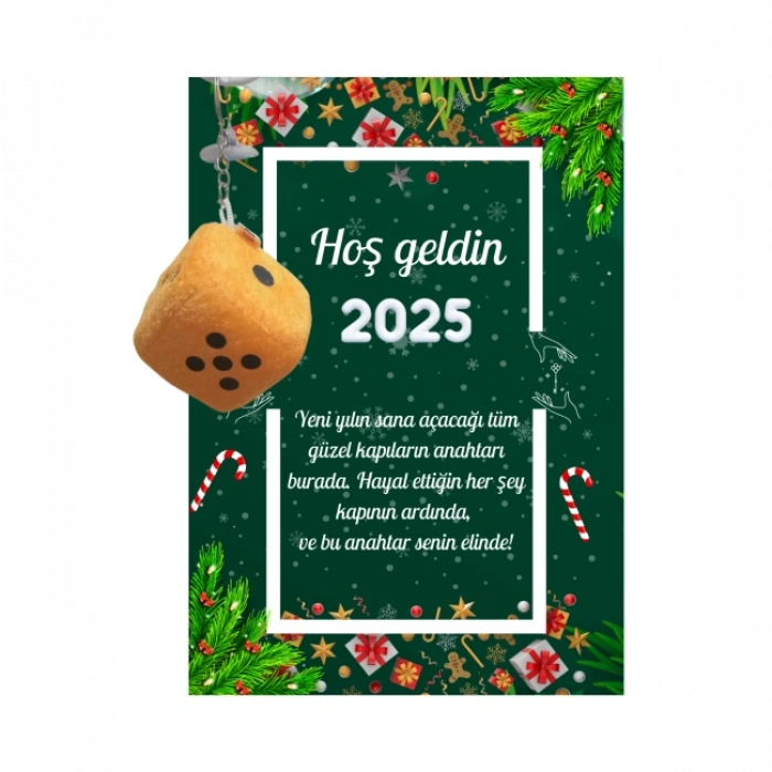 Yeni Yıl Kart Üzerinde Anahtarlık (Kişiye Özel Yazı Yazdırılabilir) Zar Model