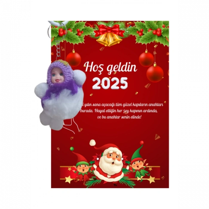 Yeni Yıl Noel Baba Kart Üzerinde Anahtarlık (Kişiye Özel Yazı Yazdırılabilir) Peluş Bebek 5 adet