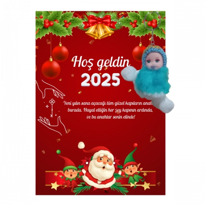 Yeni Yıl Noel Baba Kart Üzerinde Anahtarlık (Kişiye Özel Yazı Yazdırılabilir) Peluş Bebek 5 adet