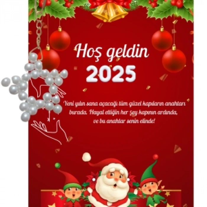 Yeni Yıl Noel Baba Kart Üzerinde Anahtarlık (Kişiye Özel Yazı Yazdırılabilir) Yıldız Model