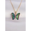 316L Çelik Zincir Altın Renk Zincir Yeşil Kelebek Model Renkli Zirkon Taşlı Kolye