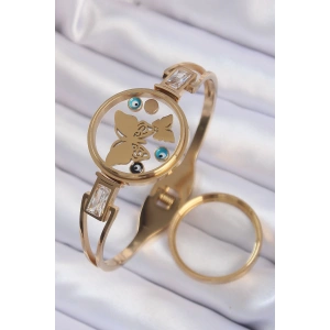 316L Çelik Altın Renk İçi Kelebek ve Nazar Boncuk Figürlü Açılabilir Fanus Kelepçe