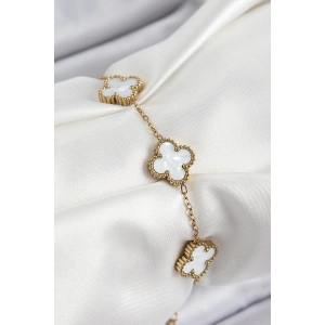 316L Çelik Beyaz Sedef Yonca Model Gold Renk Kadın Bileklik