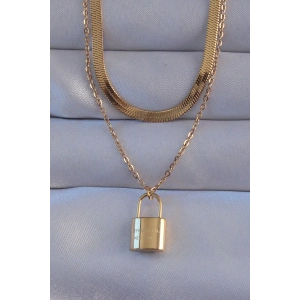 316L Çelik Gold Renk Çift Zincir Kilit Model Kolye