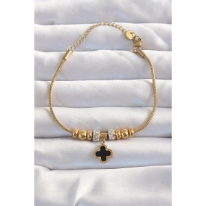 316L Çelik Gold Renk Zirkon Taş Aksesuarlı Siyah Mineli Yonca Bileklik