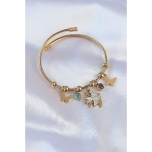 316L Çelik Gold Renk Zirkon Taşlı Minimal Kalp Detay Kelebek Charm Bileklik