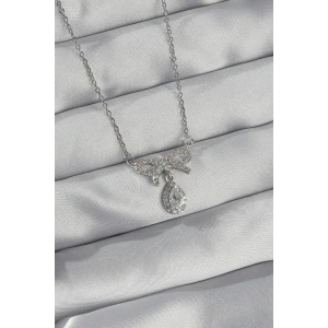 316L Çelik Gümüş Renk Zirkon Taşlı Fiyonk Detay Damla Kolye